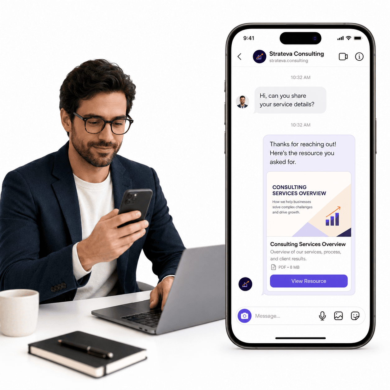 Solovio use case preview for consultants managing service inquiries, case studies, and next-step links