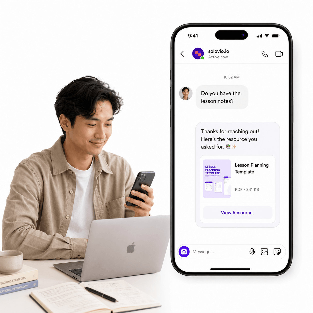 Solovio use case preview for educators delivering guides, lessons, templates, and learner follow-up